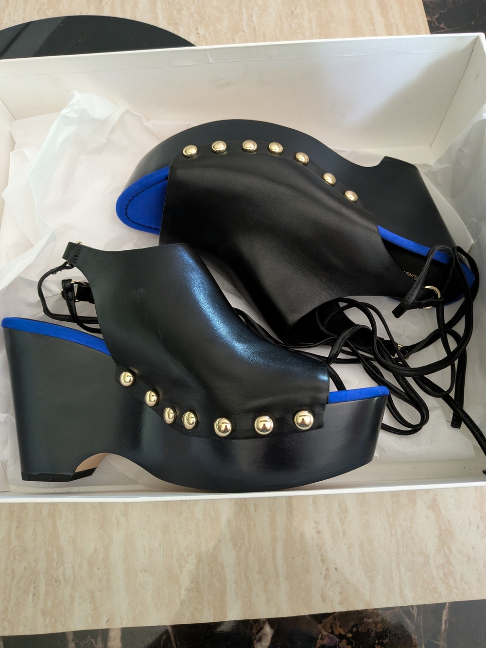 Diane Von Furstenberg Black Platform Wedge Sandals with Blue Trim and Gold Studs